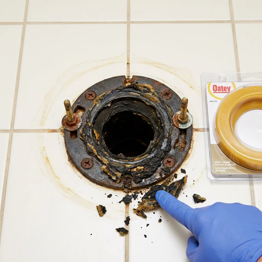 Failed wax ring showing water seepage at the base of a toilet in a Billings, MO home