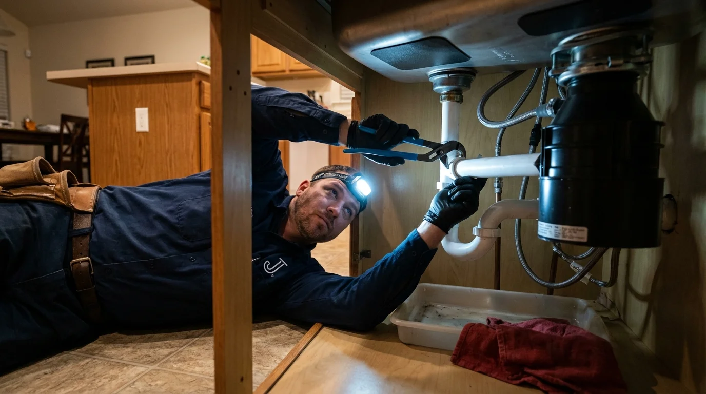 P-trap and supply line connections under a kitchen sink showing a common leak point in Billings, MO